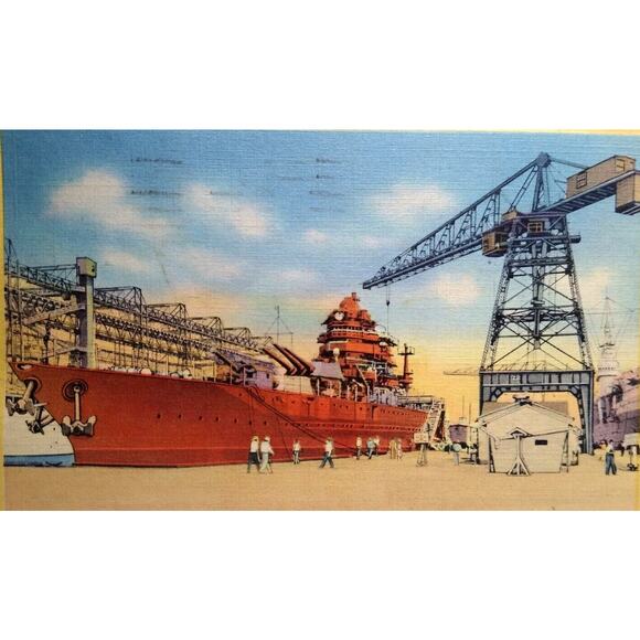 Battle Ship Boat Postcard Norfolk Navy Yard 1941 Portsmouth Virginia Battleship - Picture 1 of 3